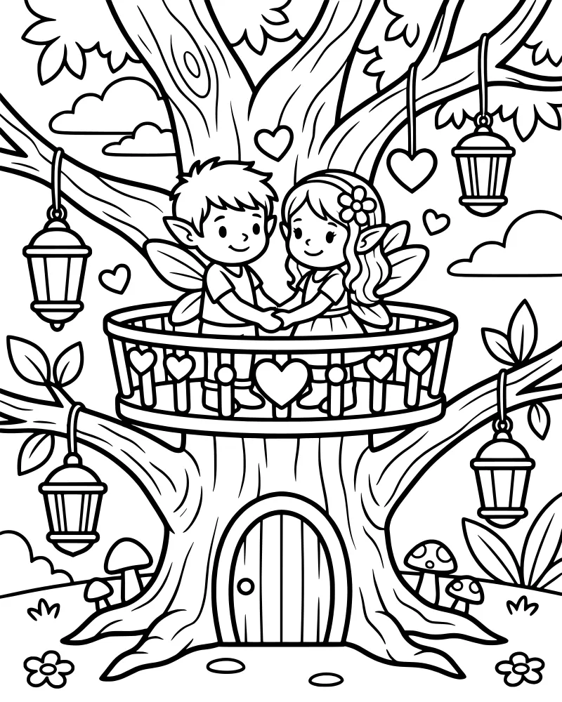 A boy and girl fairy holding hands on a wooden treehouse balcony with hanging hearts, lanterns, and mushrooms at the base.