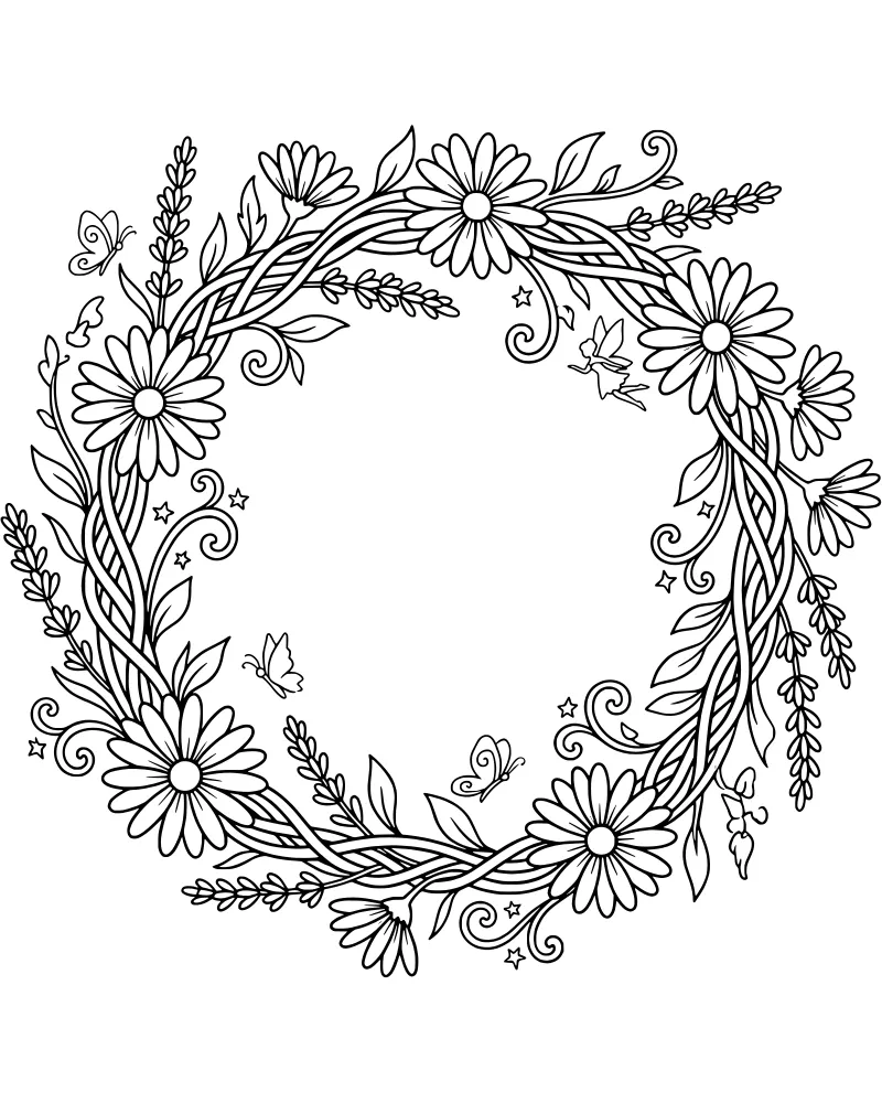 A circular wreath of daisies, lavender, and vines featuring a small fairy, butterflies, and stars in a cartoon style.