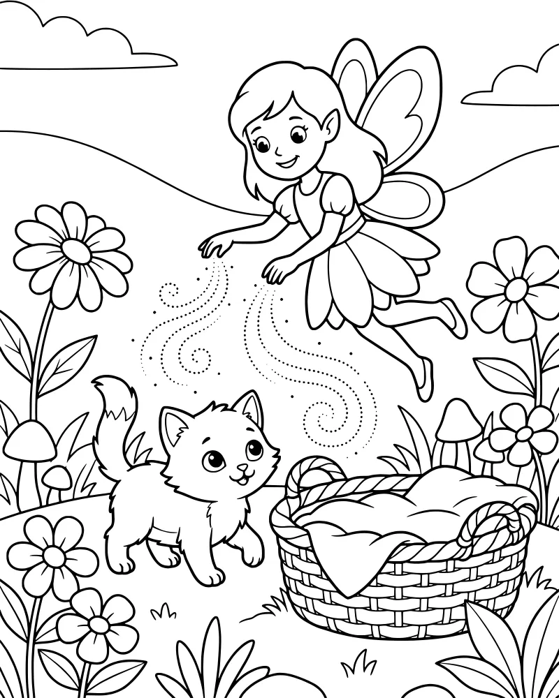 A cartoon fairy with wings hovering over a small kitten sitting in a basket in a garden with mushrooms and flowers.