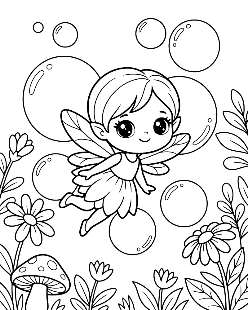 A cartoon fairy with wings and a dress flying among large bubbles, flowers, and a mushroom in a garden.