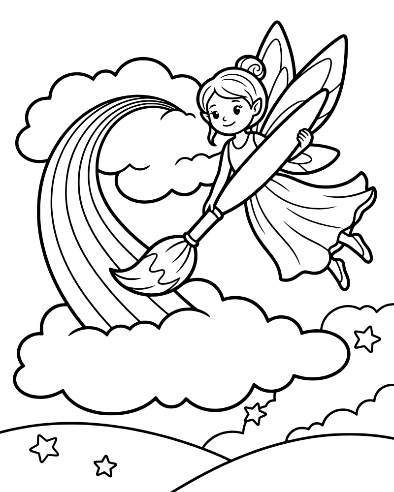 A cartoon fairy flying in the sky holding a large paintbrush and finishing a rainbow above fluffy clouds, stars, and distant hills.