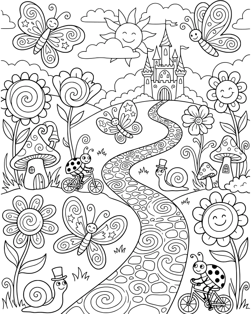 A cartoon castle on a hill with a winding path, smiling flowers, ladybugs on bicycles, and mushroom houses.