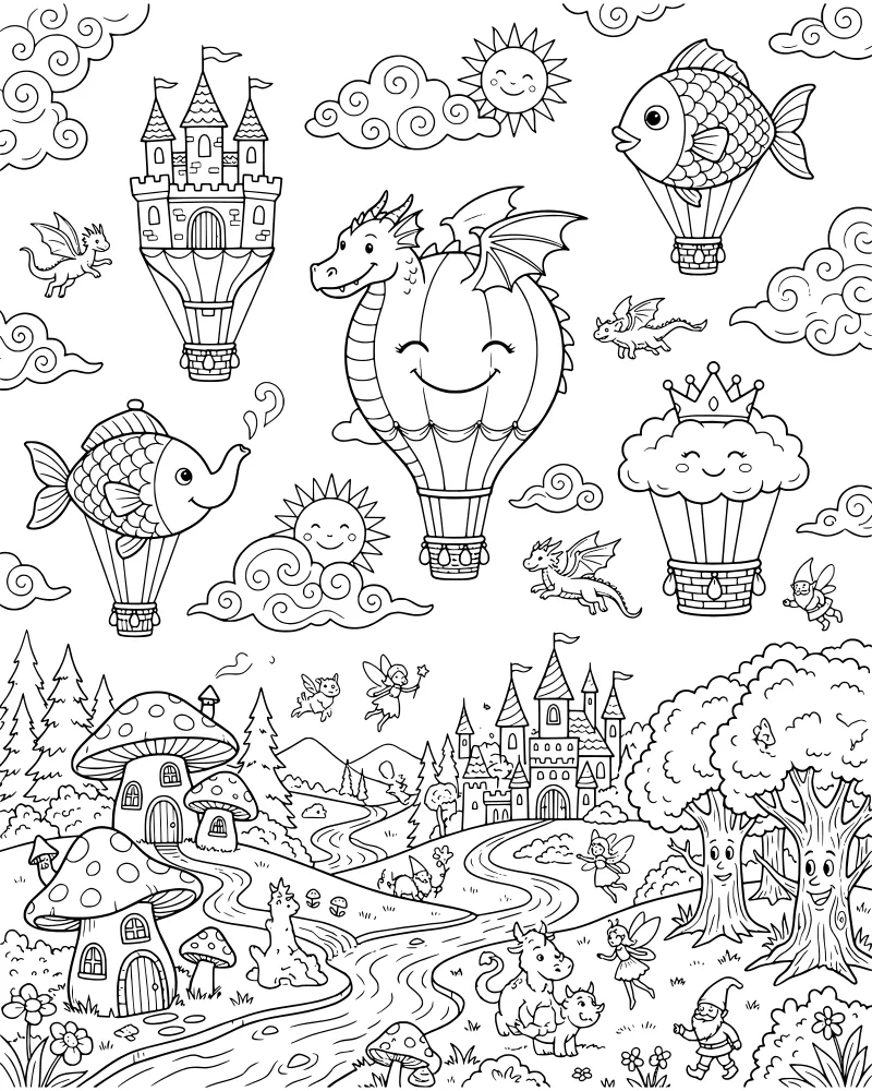 A cartoon fantasy landscape with a dragon hot air balloon, a floating castle, mushroom houses, and a winding river.