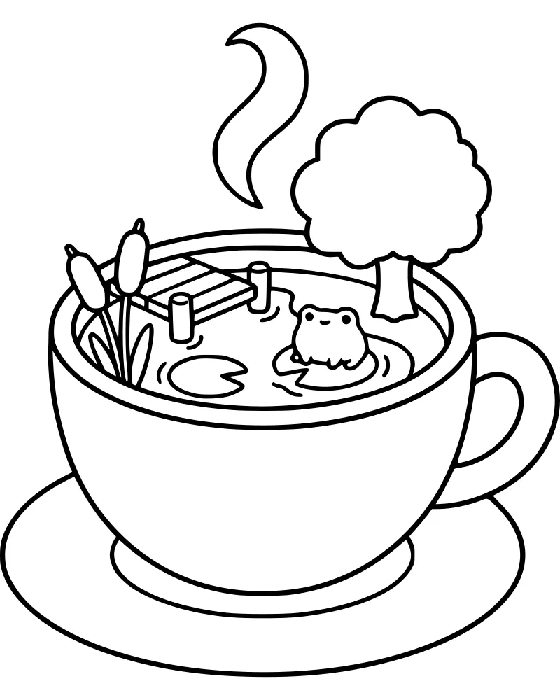 A whimsical cartoon drawing of a teacup on a saucer filled with a pond scene including a frog on a lily pad, a tiny wooden dock, and a small tree with steam rising above.