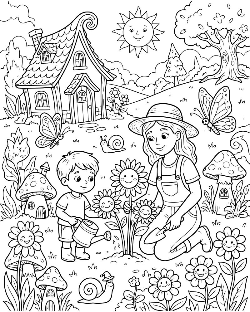 A boy and girl gardening in front of a cozy gnome house with sunflowers, butterflies, and snails under a bright sun.