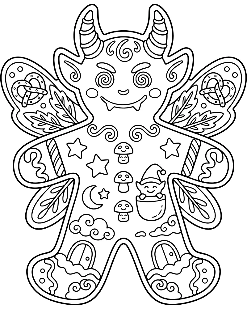 A whimsical gingerbread man with pretzel wings and horns, featuring an elf in its pocket and gnome houses at its feet.