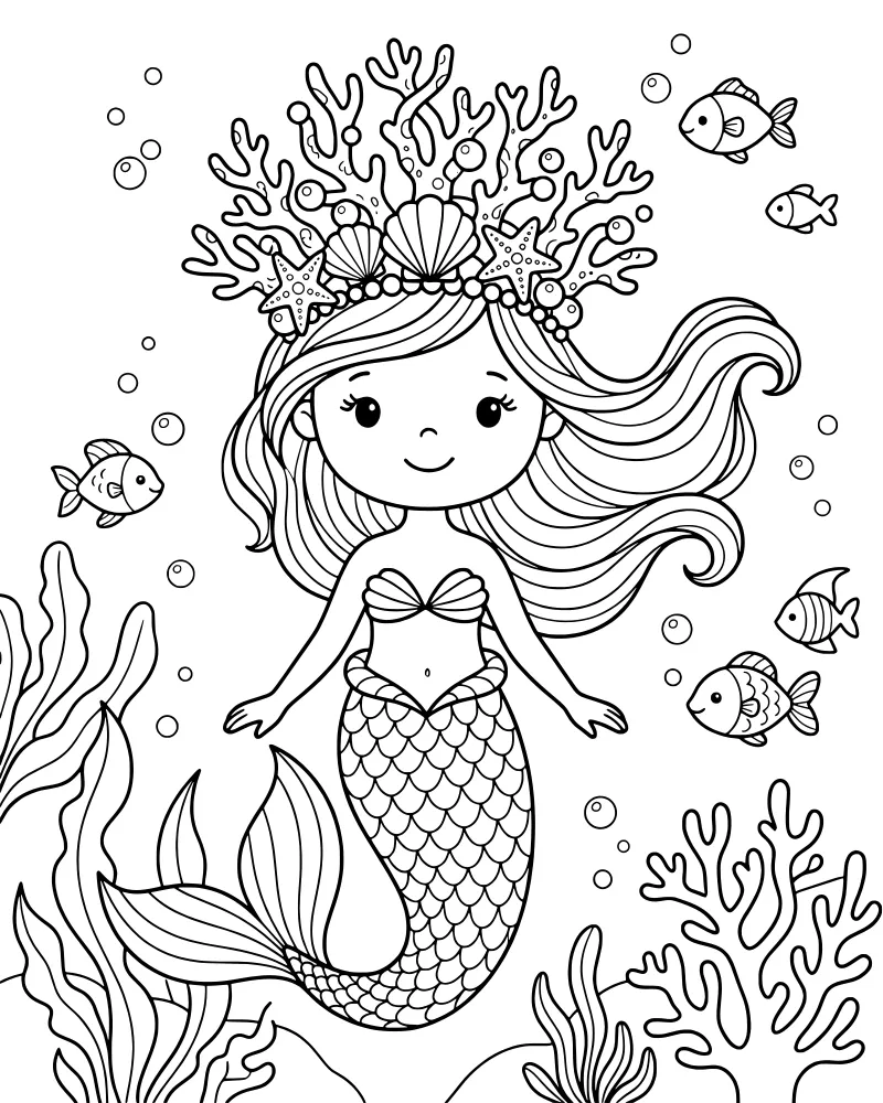 A cartoon mermaid wearing a crown of seashells and starfish, surrounded by fish, bubbles, and seaweed on the ocean floor.