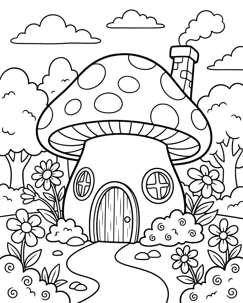 A cartoon mushroom house in a forest with a stone path, flowers, and trees under a cloudy sky.