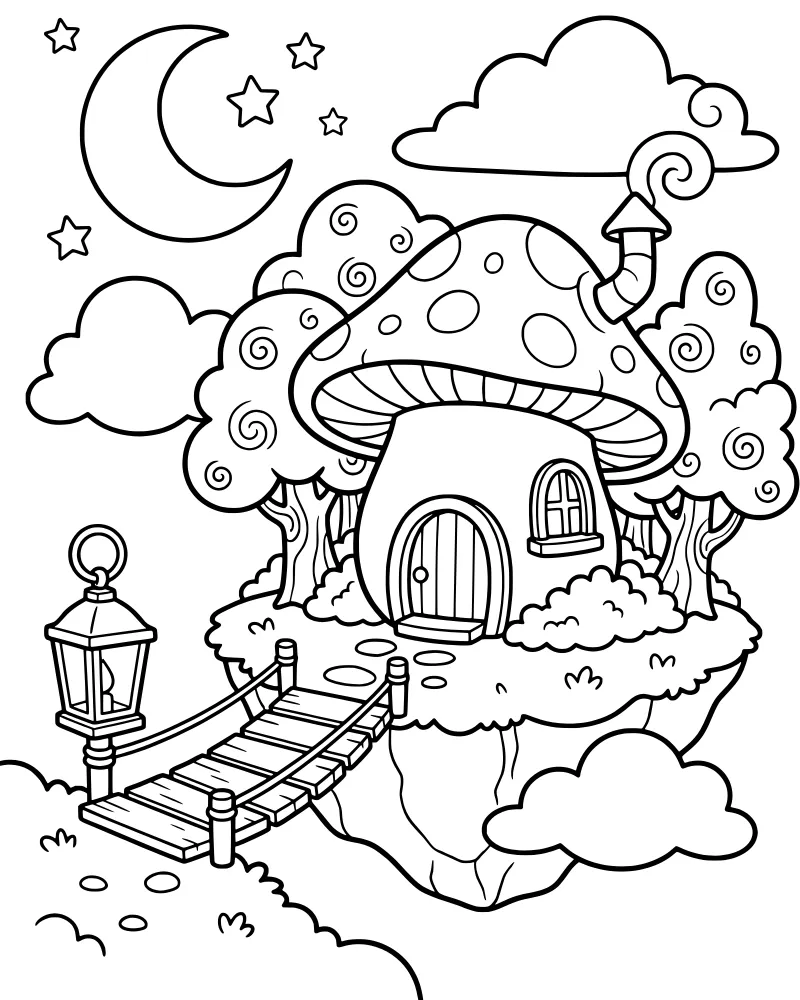 A cartoon mushroom house on a floating island with a bridge, lantern, and a crescent moon in a starry sky.