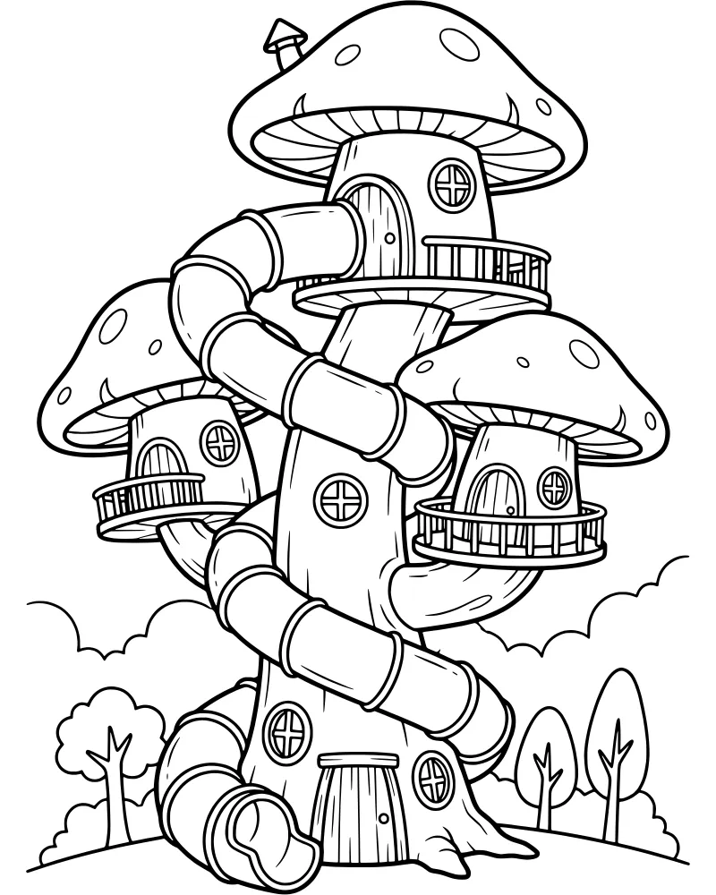 A cartoon-style mushroom house with winding tube slides, a balcony, and a chimney set on a grassy hill with fluffy clouds and distant trees.