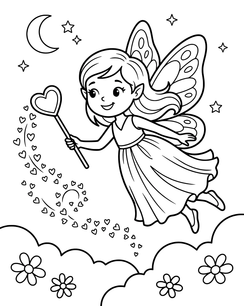 A cartoon fairy with wings and a heart wand flying near a crescent moon and stars in a cloudy sky.
