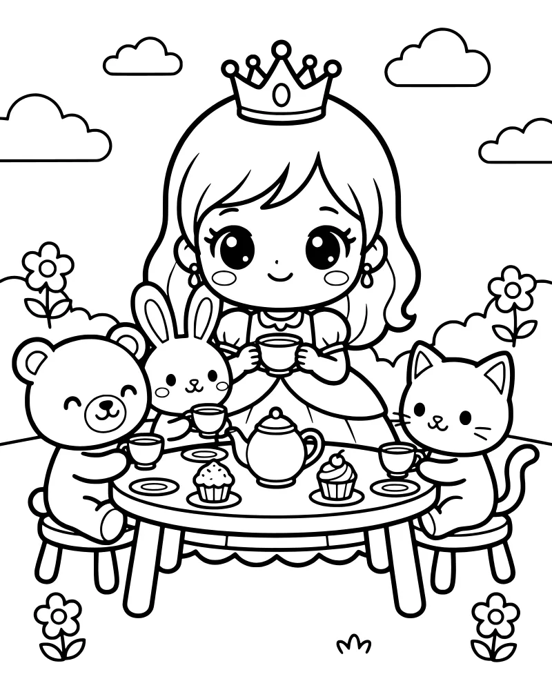 A princess sitting at a tea table with a bear, rabbit, and cat in a meadow with flowers and clouds.