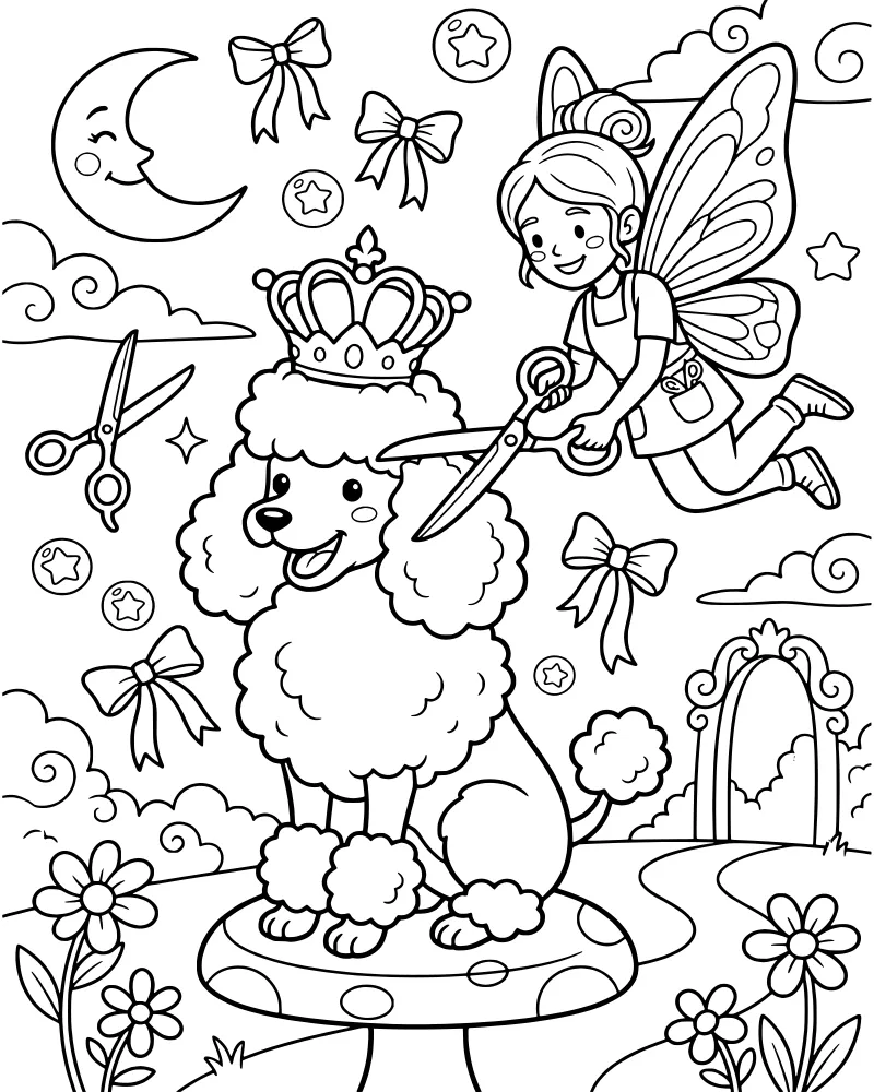A cartoon poodle wearing a crown being groomed by a fairy with scissors in a magical garden under a smiling moon.