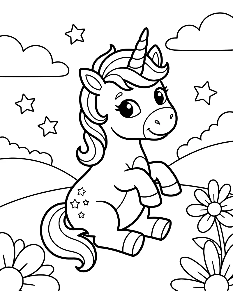A cartoon unicorn sitting in a meadow with flowers, hills, clouds, and stars in the background.