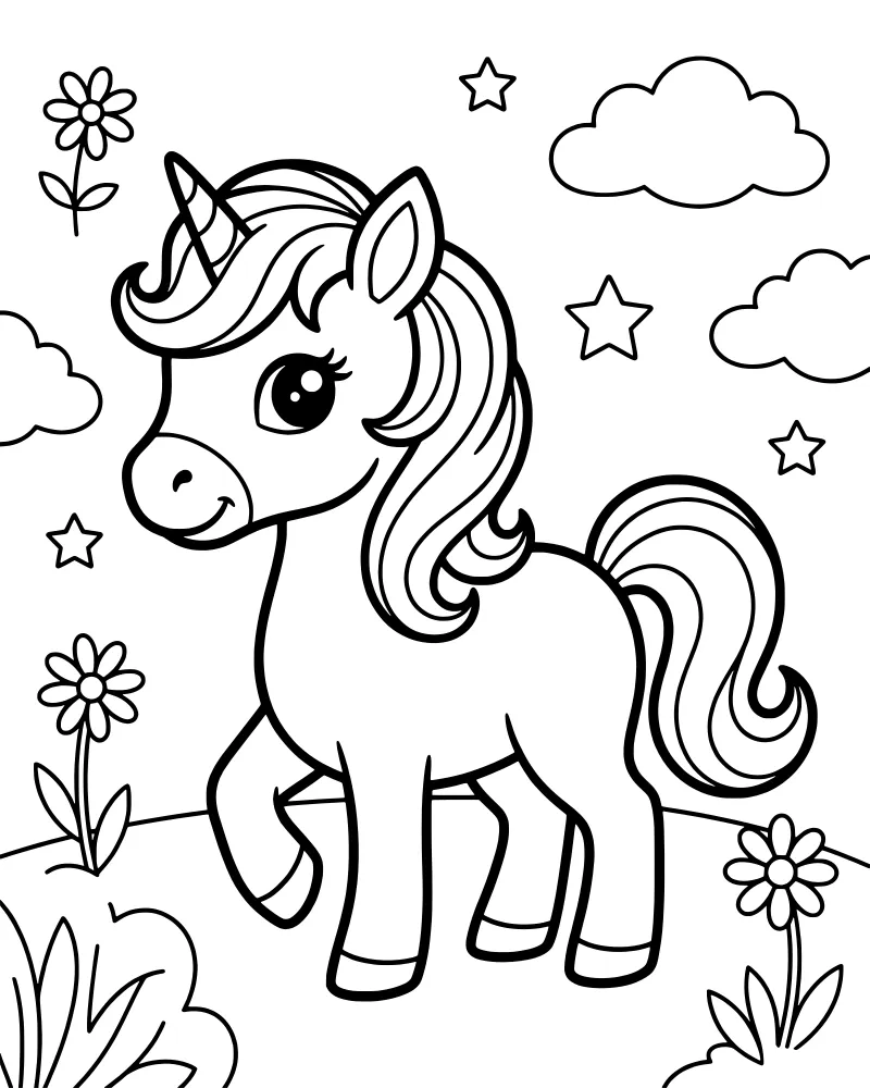 A cartoon unicorn stands in a meadow of flowers with stars and clouds in the sky.