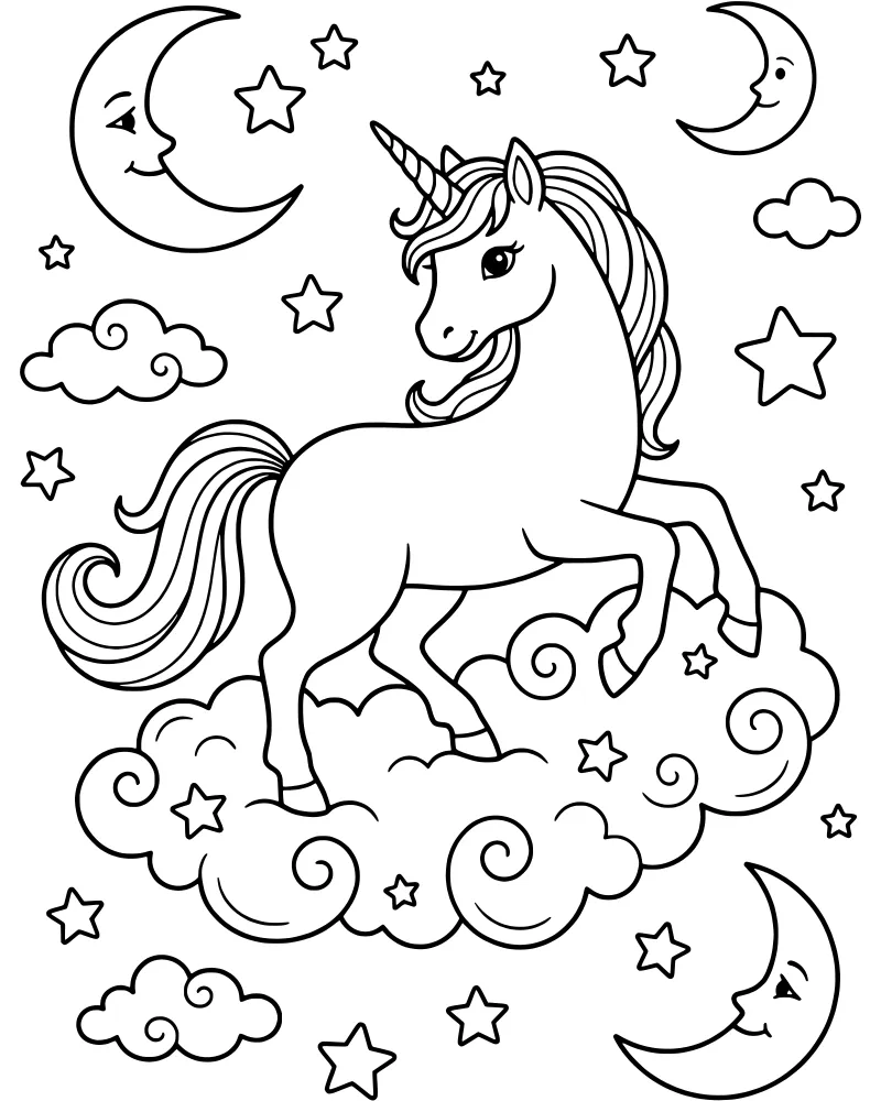 A cartoon unicorn standing on a large fluffy cloud in a night sky filled with stars and a smiling crescent moon.
