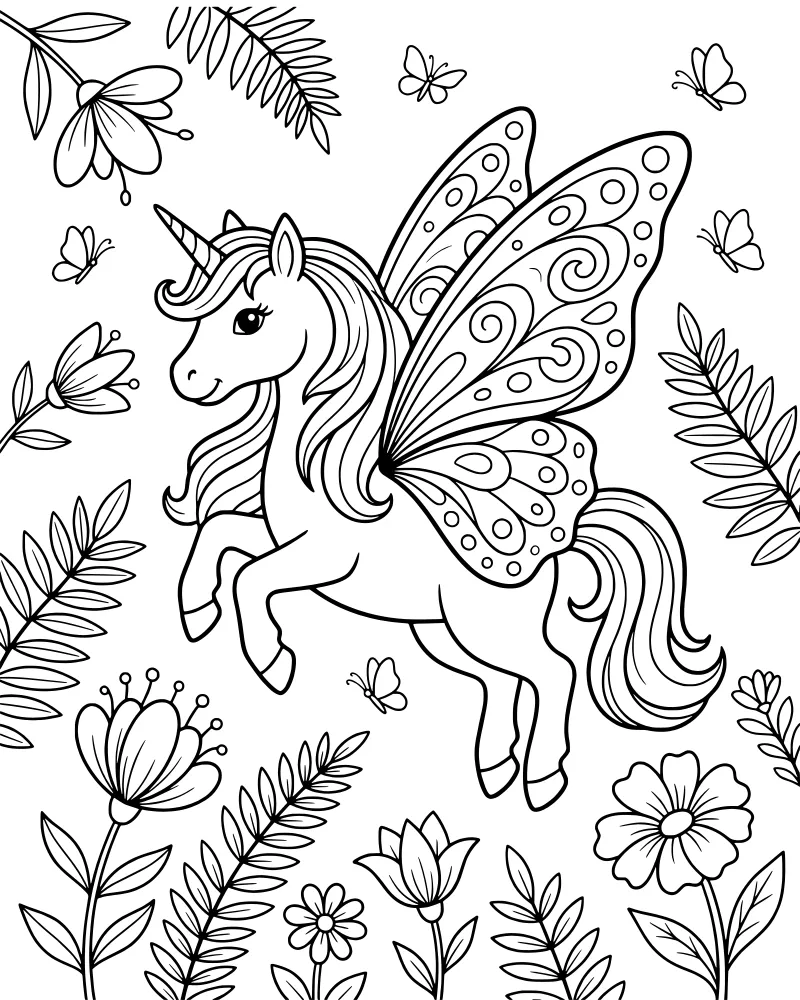 A cartoon unicorn with large butterfly wings standing in a garden of flowers, ferns, and fluttering butterflies.