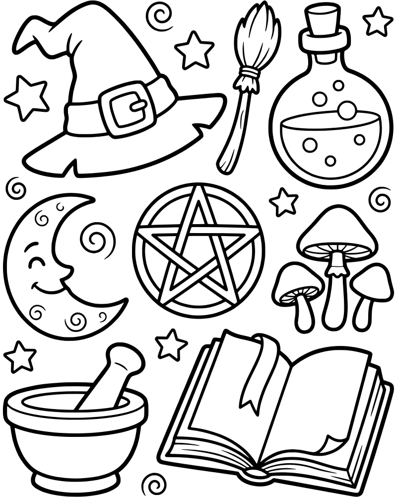 A collection of magical items including a witch hat, broom, potion bottle, smiling moon, and an open spellbook surrounded by stars and swirls.