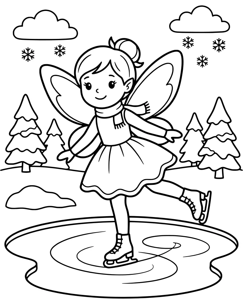 A cheerful cartoon fairy with wings and a scarf ice skating on a frozen rink surrounded by snow-covered pine trees and falling snowflakes.