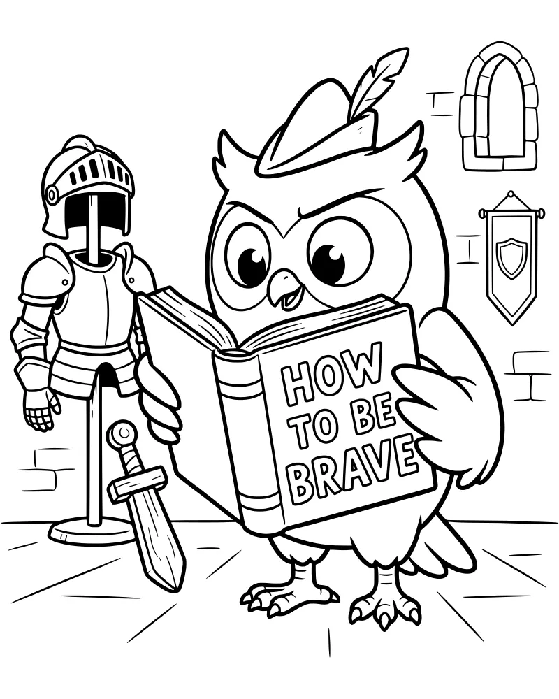 A cartoon owl in a feathered cap reading a book titled How to Be Brave next to a suit of armor in a stone castle.