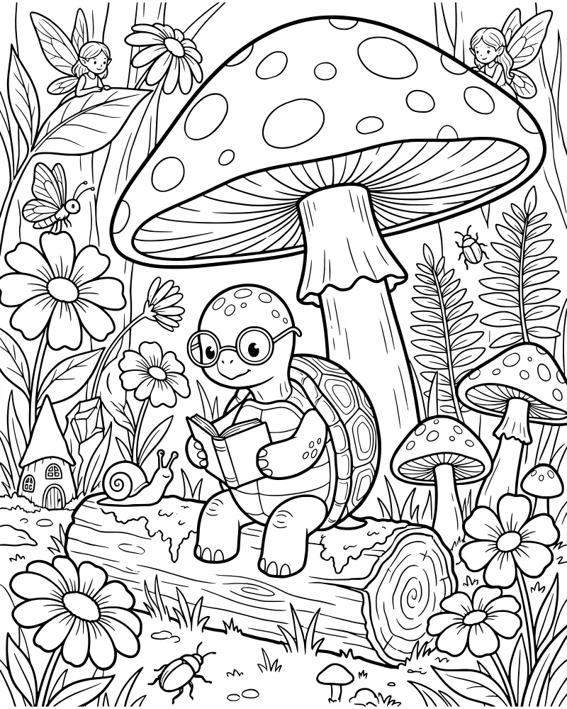 A cartoon turtle with glasses reading a book on a log in a forest with fairies, a snail, butterflies, and a gnome house.