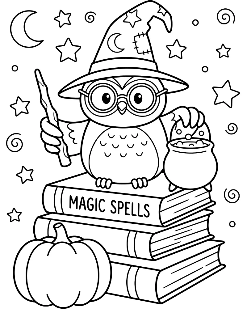 A cartoon owl wearing a witch hat and glasses, holding a wand and cauldron while sitting on a stack of magic books next to a pumpkin.