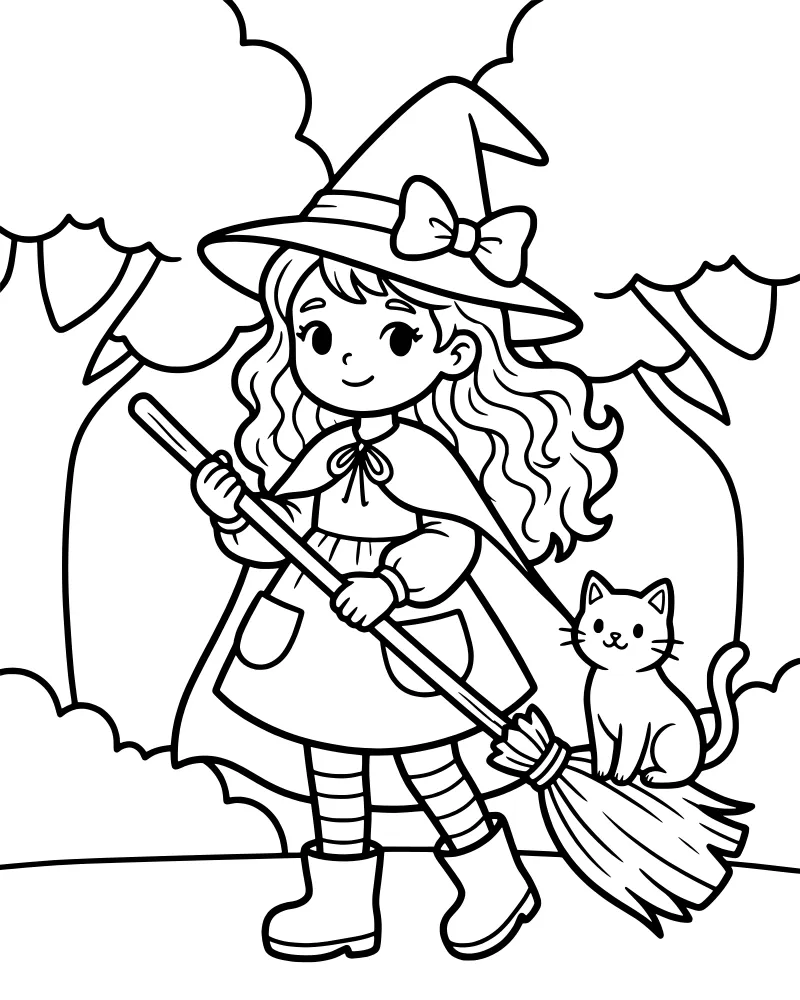 Cartoon young witch wearing a large hat and cape holding a broomstick with a cat sitting on it in a forest with clouds.