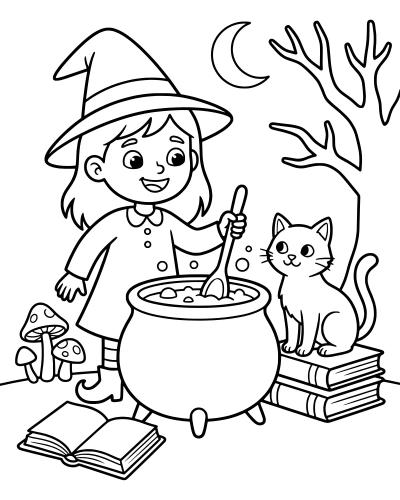 A young witch wearing a pointed hat stirs a bubbling cauldron next to a black cat sitting on books under a crescent moon.