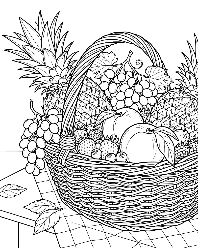 Cartoon fruit basket overflowing with pineapple, grapes, peaches, and berries on a checkered tablecloth.