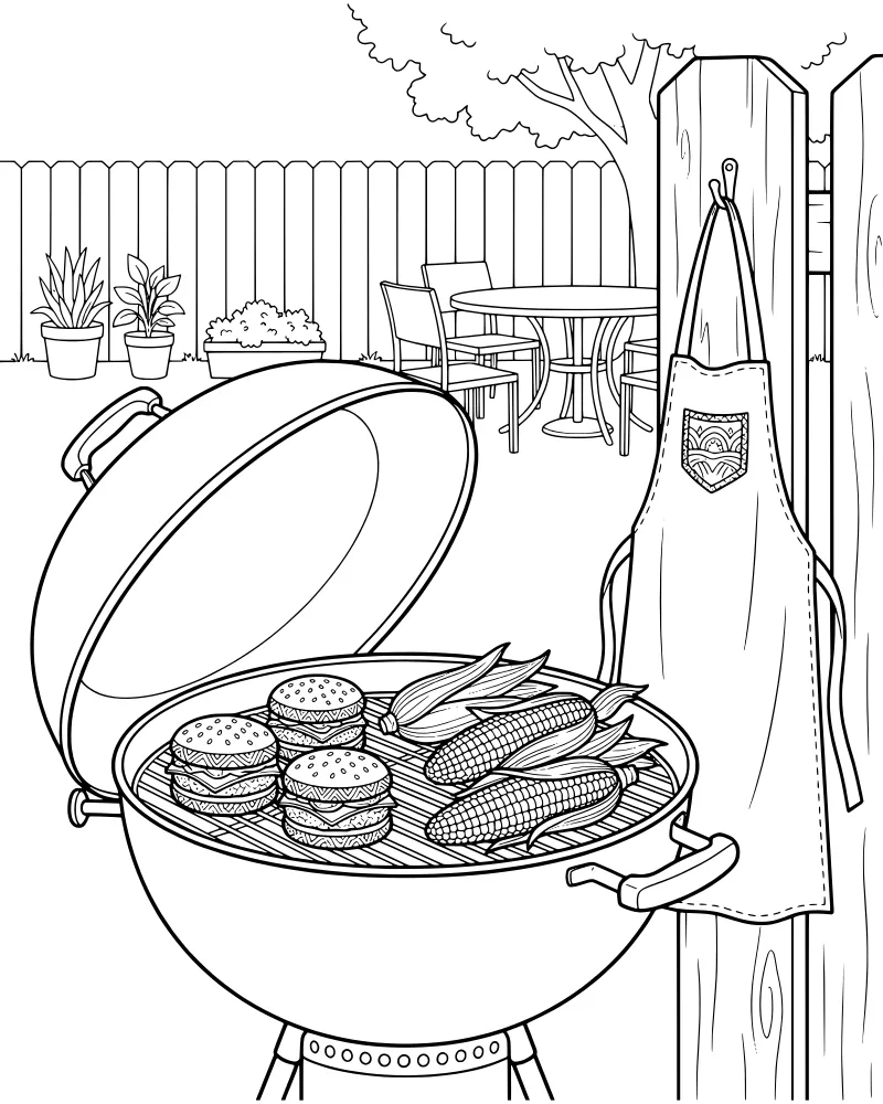A cartoon barbecue grill with burgers and corn cooking in a backyard with a fence, table, and plants.
