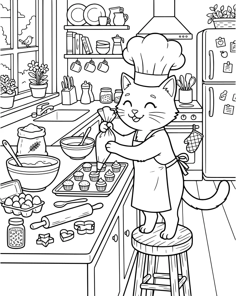 A cartoon cat chef wearing a hat and apron uses a piping bag to frost cupcakes on a kitchen counter filled with baking ingredients.