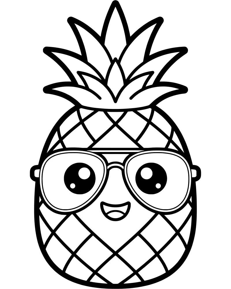Cartoon pineapple character with a smiling face and large sunglasses wearing a crown of spiky leaves.