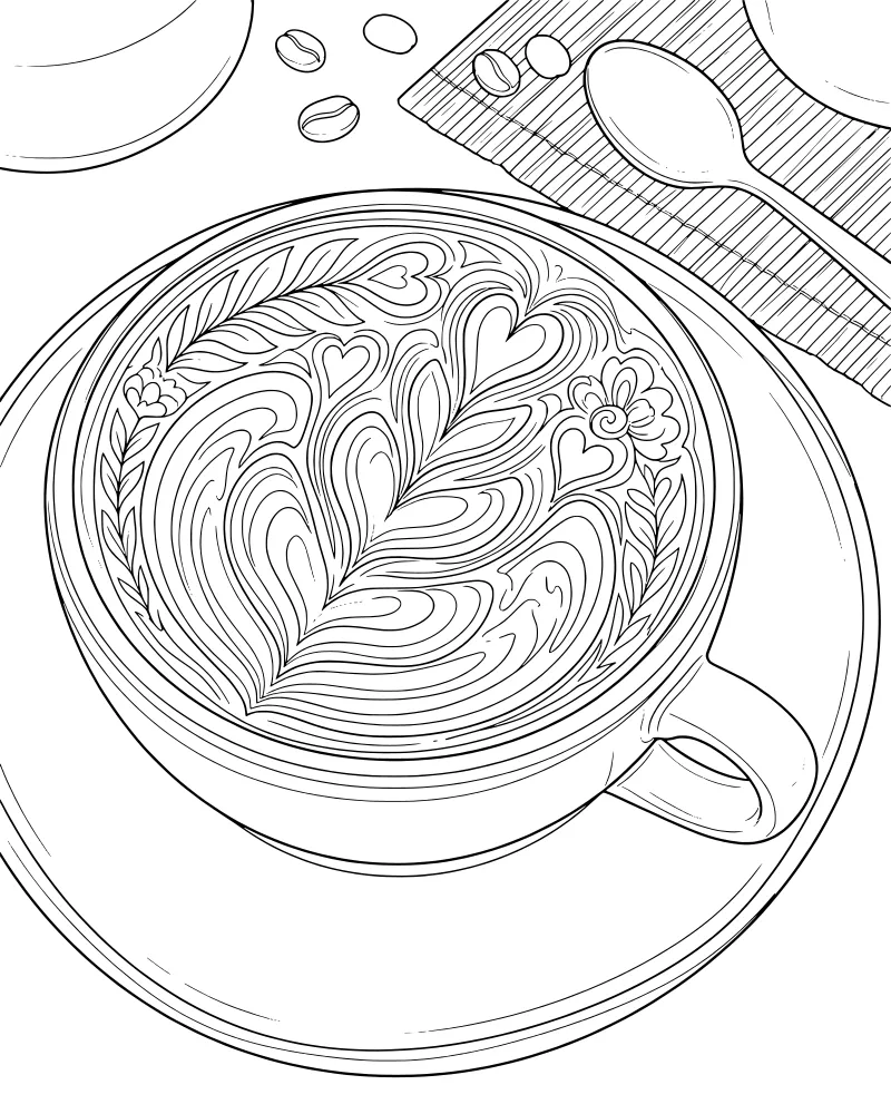 A detailed line drawing of a coffee cup with heart-shaped latte art, a spoon, coffee beans, and flowers on a patterned placemat.