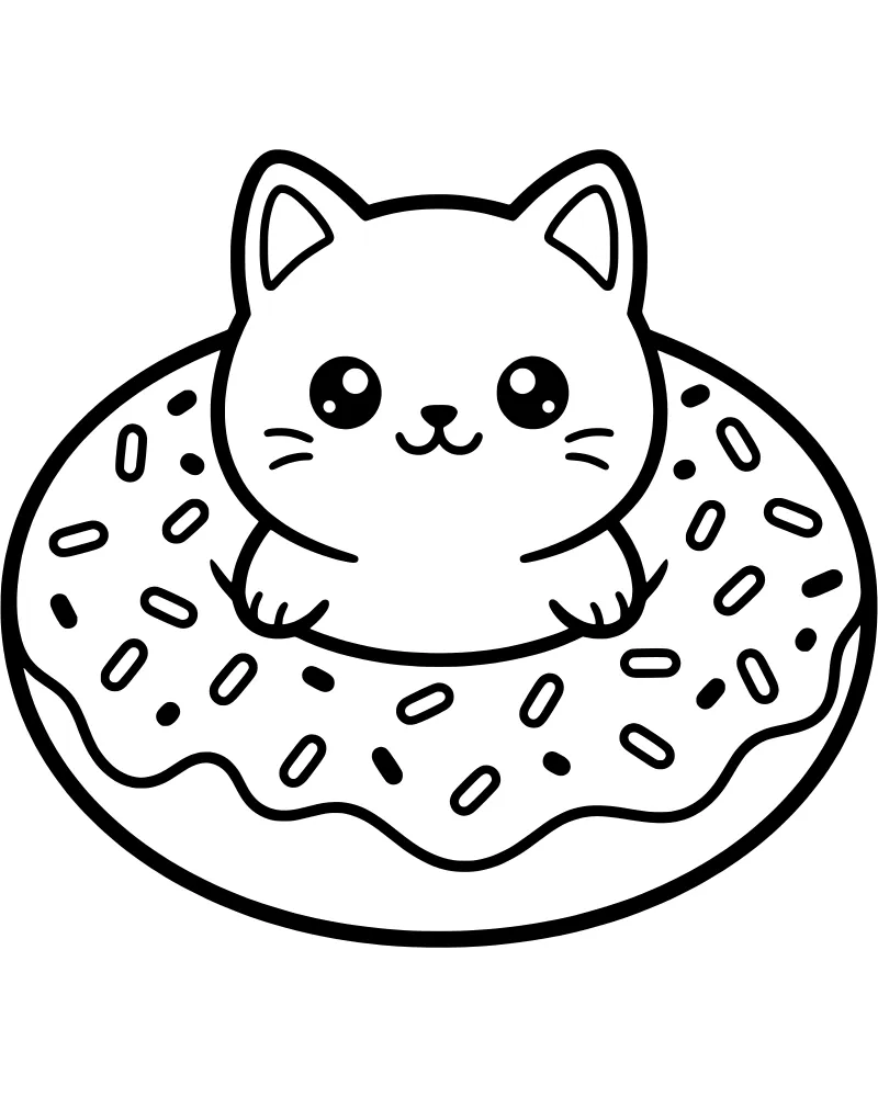 A cartoon cat with large eyes peeking through the hole of a large donut covered in frosting and sprinkles.