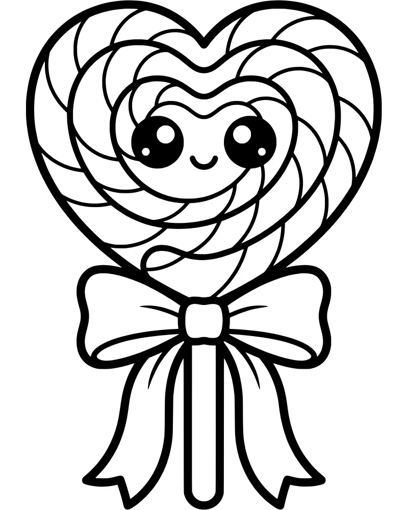A cartoon heart-shaped lollipop with a smiling face, large eyes, a bow on the stick, and a swirl pattern.