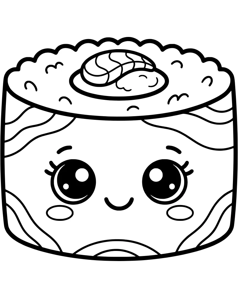 A cute cartoon sushi roll character with large eyes, a smiling mouth, and a fish topping on a bed of rice.
