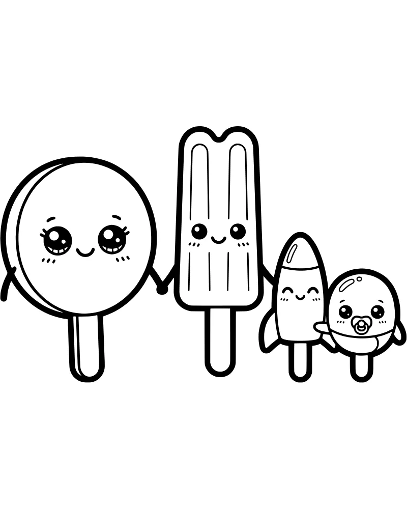 Four cartoon popsicles with faces holding hands including a rocket popsicle and a baby popsicle with a pacifier.
