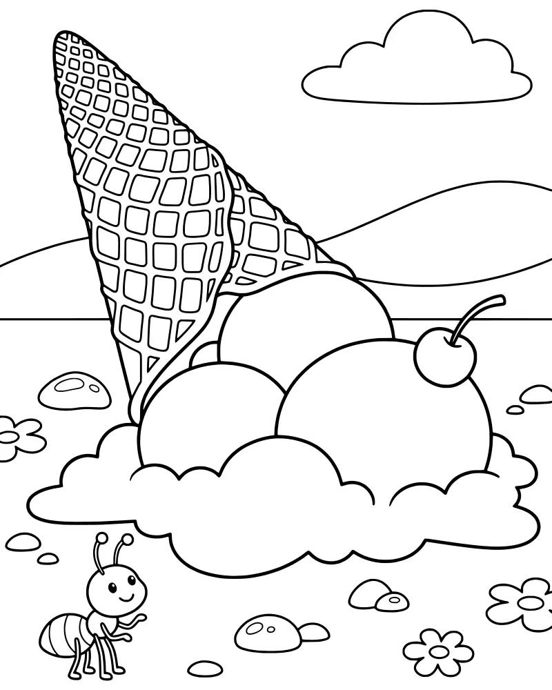 A cartoon drawing of a giant three-scoop ice cream cone with a cherry on top, an ant in the foreground, and hills in the background.