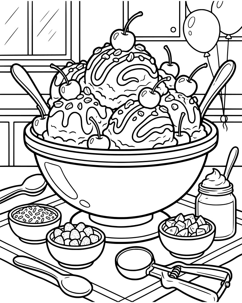 A cartoon ice cream sundae in a large bowl with chocolate sauce, cherries, and sprinkles, surrounded by fruit bowls and balloons.