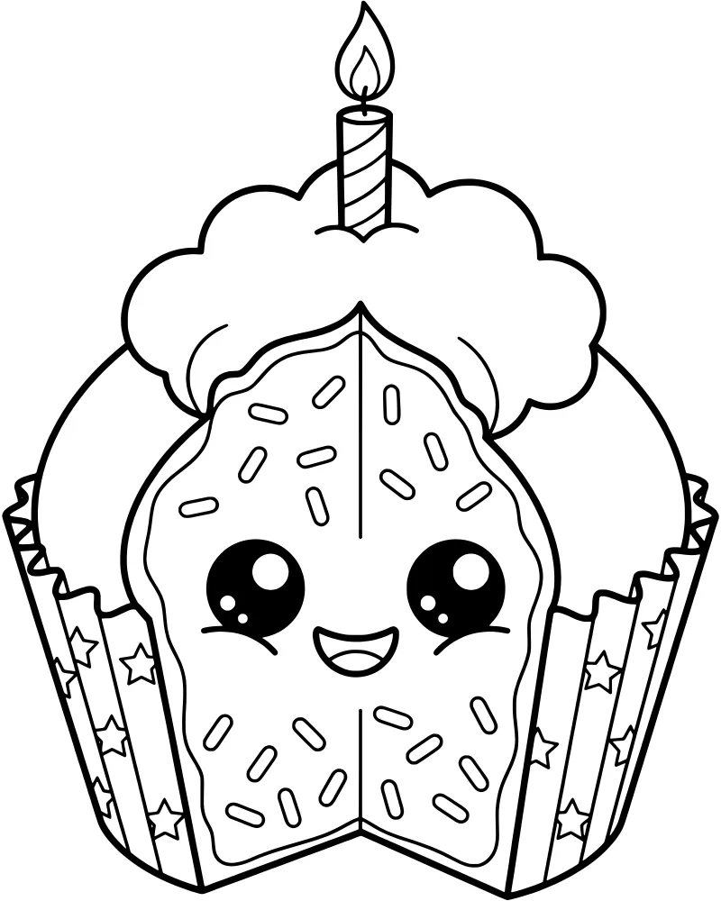 A cartoon cupcake with a smiling face, a lit candle on its frosting, a slice removed, and stars in the background.