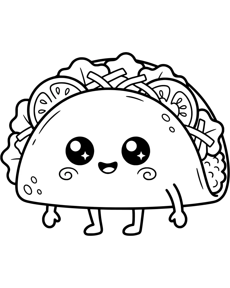 A cheerful cartoon taco character with big eyes, a wide smile, lettuce, tomatoes, and cheese toppings.