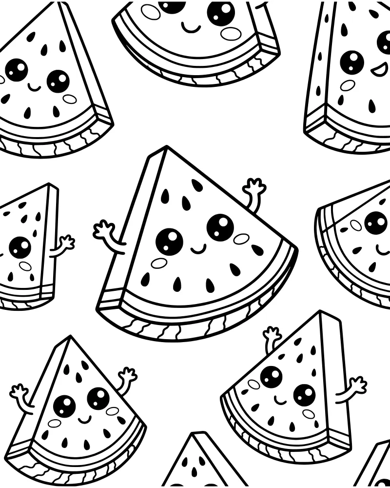 Repeating pattern of cartoon watermelon slices with happy faces, seeds, and small arms.
