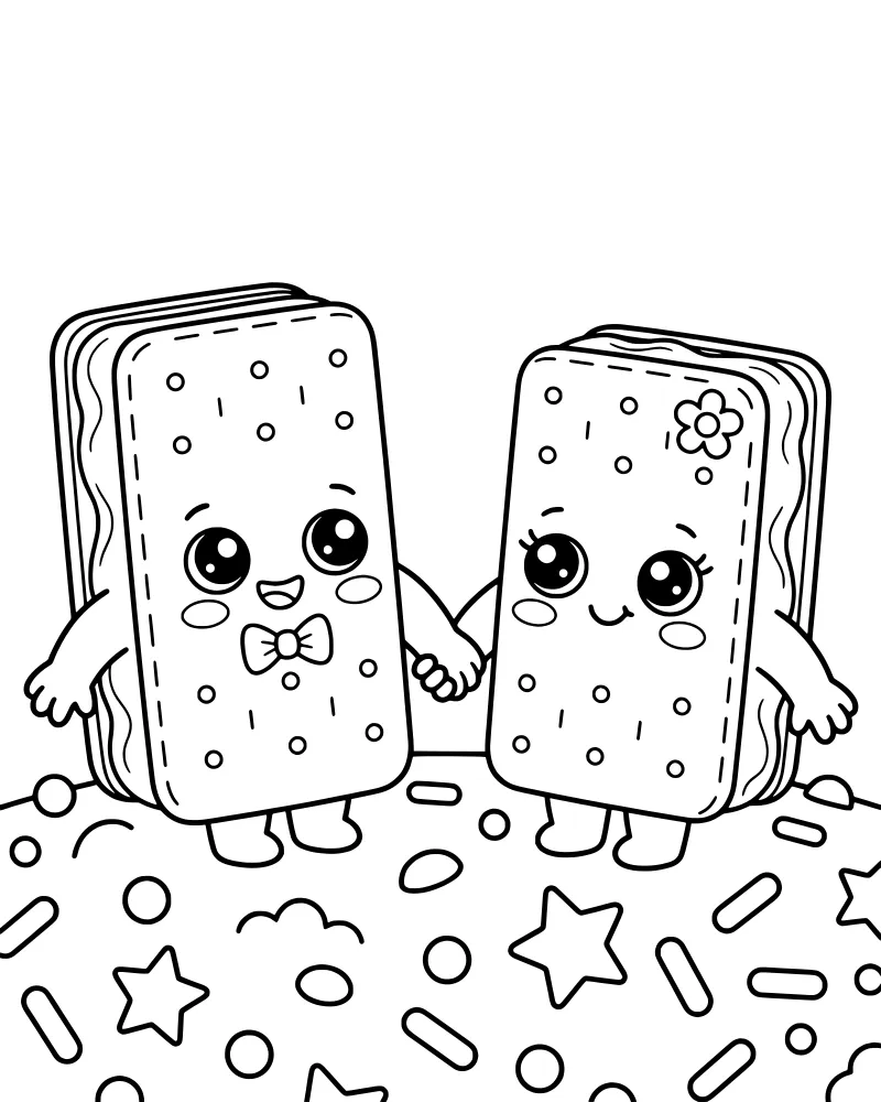 Two cartoon ice cream sandwiches with faces holding hands surrounded by stars and sprinkles on a cloud base.