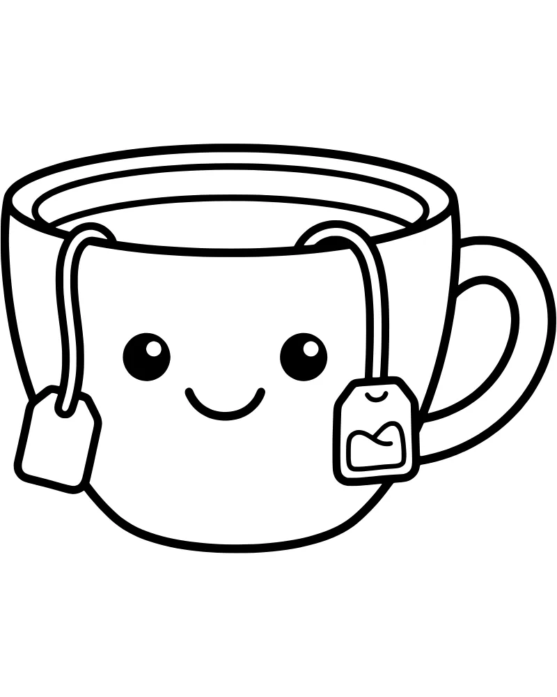 A cartoon tea cup with a smiling face, large eyes, and a tea bag hanging over the side.