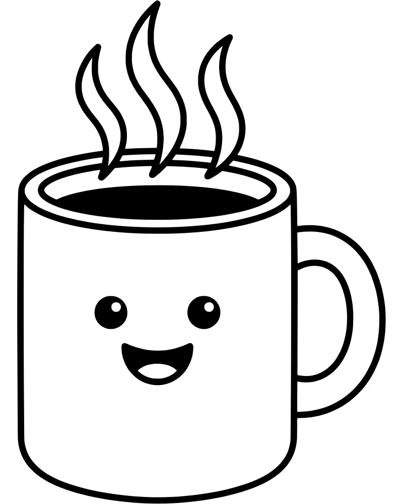 A cartoon coffee mug with a happy face and swirls of steam rising from the top.