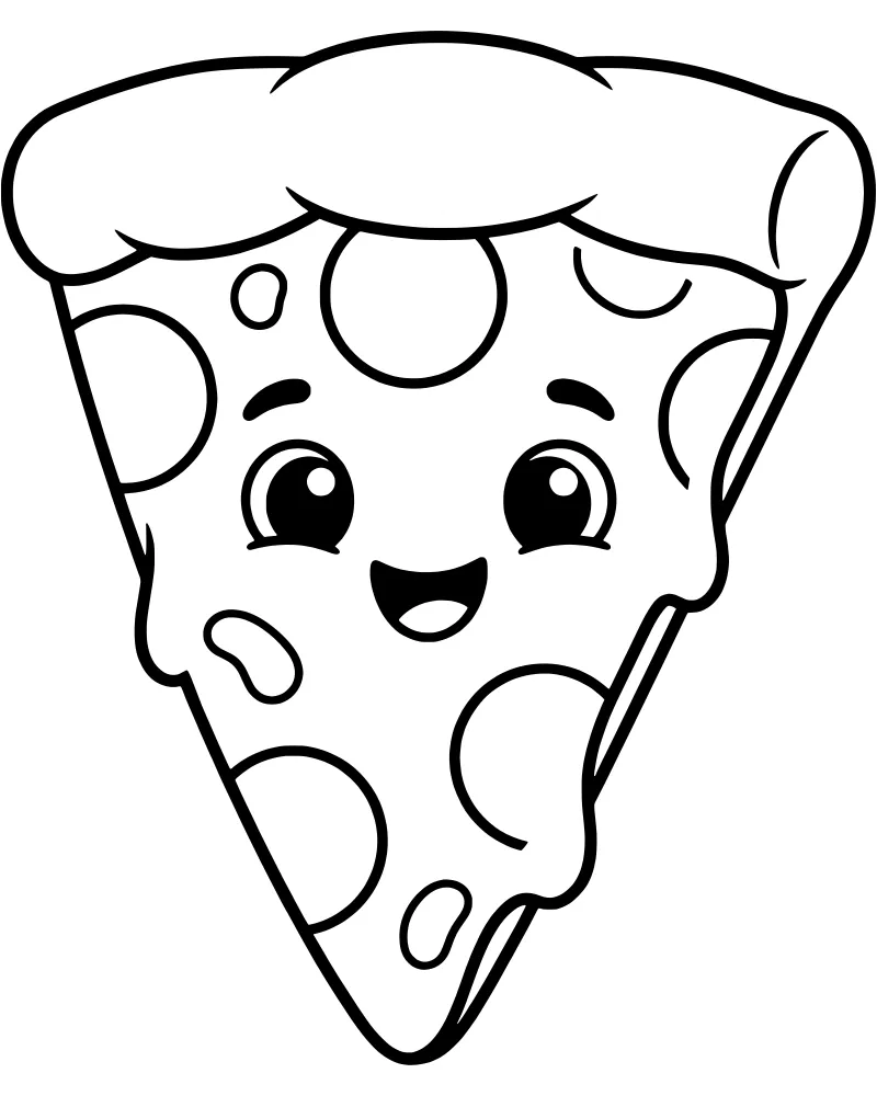 A cartoon pizza slice with a happy face, large eyes, a wide smile, and pepperoni toppings.