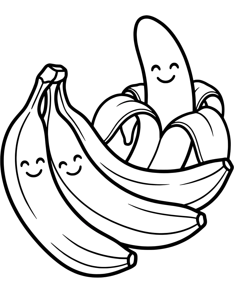 A cartoon illustration of three smiling bananas in a bunch with one banana partially peeled and showing a happy face.