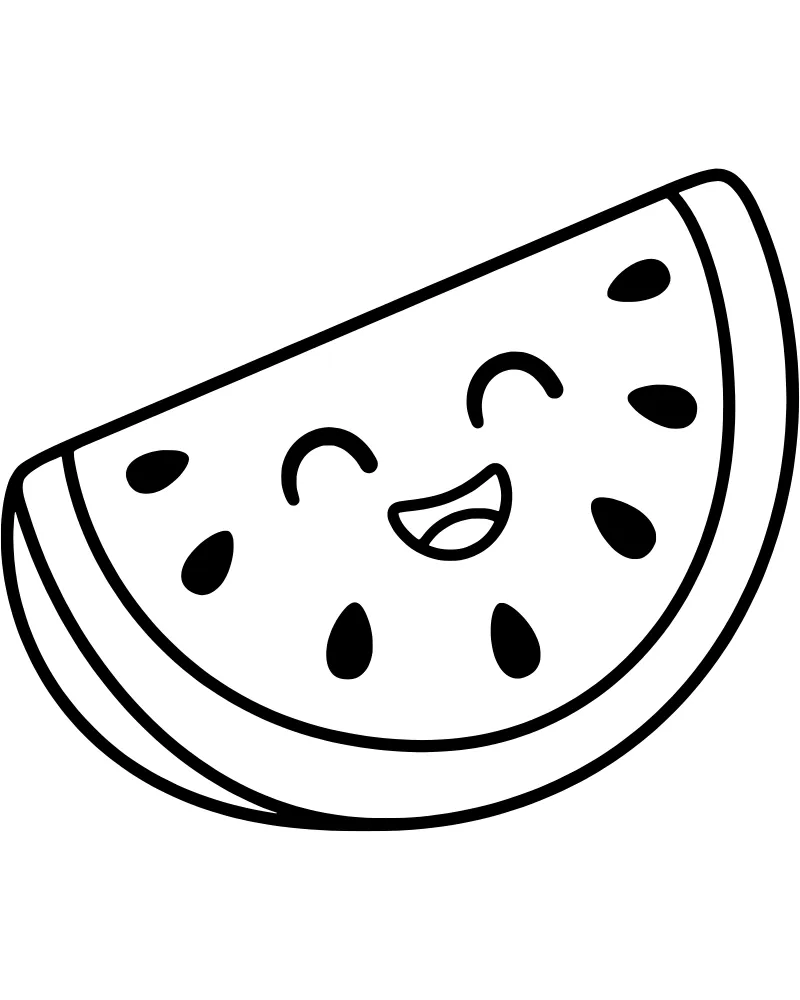 A cartoon watermelon wedge with a happy smiling face, closed eyes, and several small seeds.