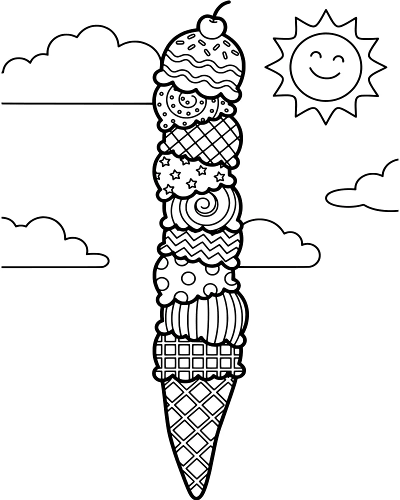 Cartoon ice cream cone with three patterned scoops and a cherry under a smiling sun and clouds.