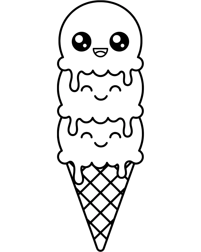 A cartoon drawing of three ice cream scoops stacked on a waffle cone, each scoop featuring a cute smiling face with melting drips on the sides.